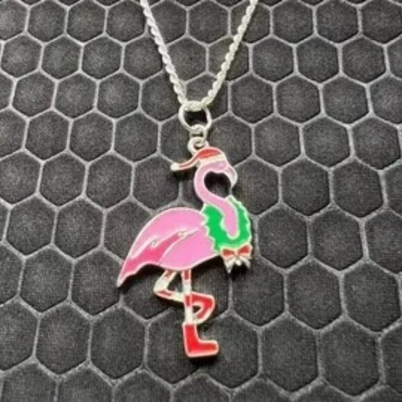 Flamingo Christmas Necklace Pink and Red 18K White Gold Plated - Picture 1 of 1